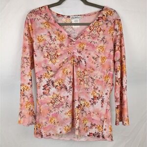 Vtg Y2K‎ B. Mine Womens Blouse XL Long Sleeve V Neck Floral Pink Boho Romantic